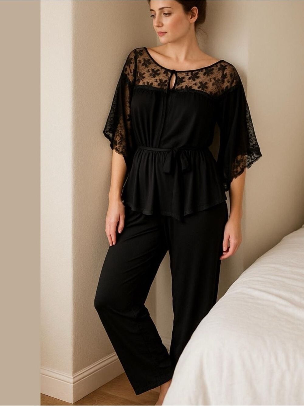 70s 2PC VAL MODE BLACK LOUNGEWEAR W LACE-DETAILS TOP & LONG PANT SLEEP SET SZ L